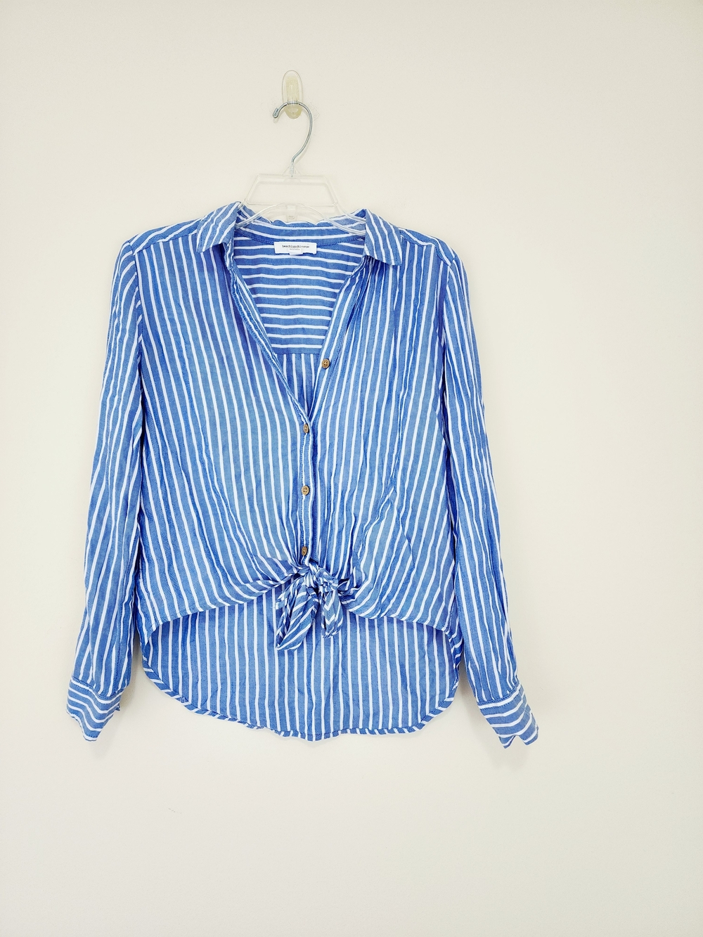 Beach Lunch Lounge Blue White Striped Tie-Front Button-Up Shirt Coastal XS